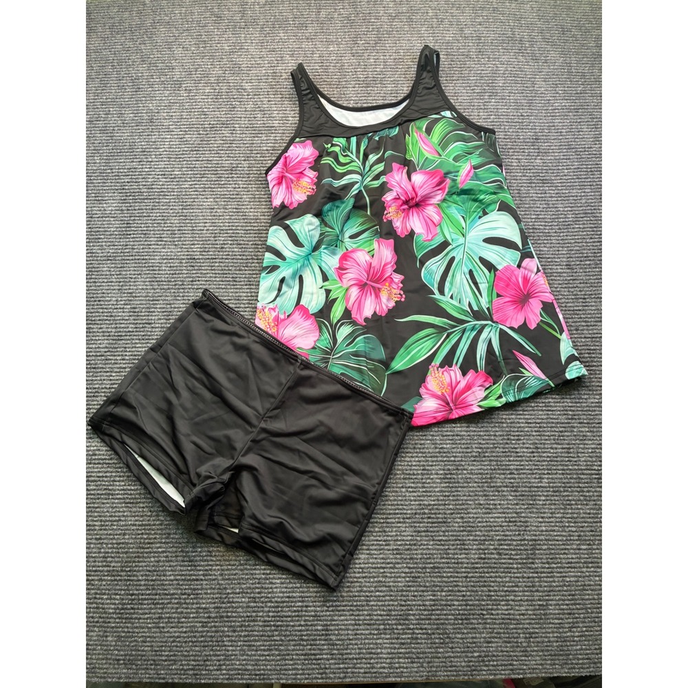 Tropical Floral Tankini Swimsuit Set‎ Pink Hibiscus Palm Leaf Boy Shorts XL